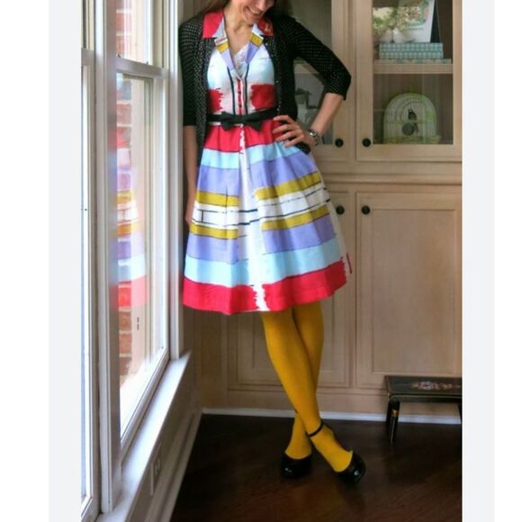 Anthropologie Floreat Multicolor Paint Stripe Fit & Flare Sleeveless Dress Sz 6 - Picture 2 of 15